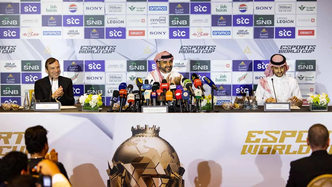 HRH Prince Faisal bin Bandar bin Sultan al Saud, Chairman of the Saudi Esports Federation; Ralf Reichert, Chief Executive Officer of the Esports World Cup Foundation and Faisal bin Homran, Chief Product Officer at the Esports World Cup Foundation are speaking at the Opening Press Conference for the 2025 Esports World Cup - Credit: Esports World Cup Foundation